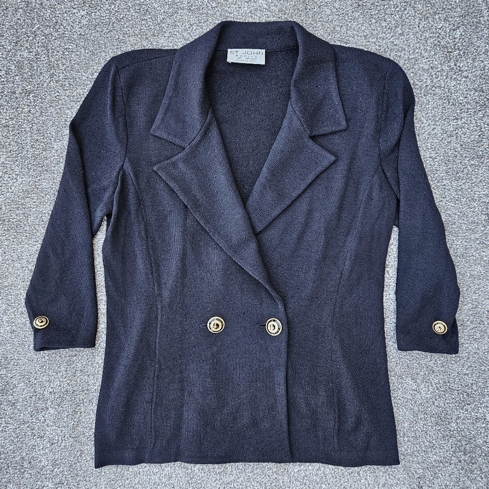 St. John Basics Marie Grey Black Santana Knit Suit Blazer Sweater Size 14